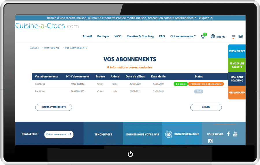 Mon compte Cuisine-a-crocs - Mes abonnements